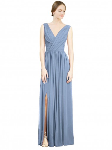 Affordable Sleeveless Draped Chiffon Maxi Bridesmaid Dress with Front Slit UK