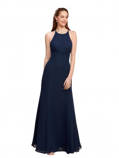 Affordable High Halter Fit and Flare Long Chiffon Bridesmaid Dress with Criss Cross Low Back UK