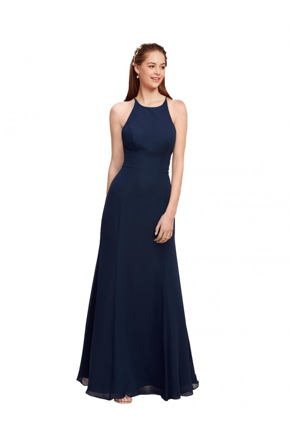Affordable High Halter Fit and Flare Long Chiffon Bridesmaid Dress with Criss Cross Low Back UK