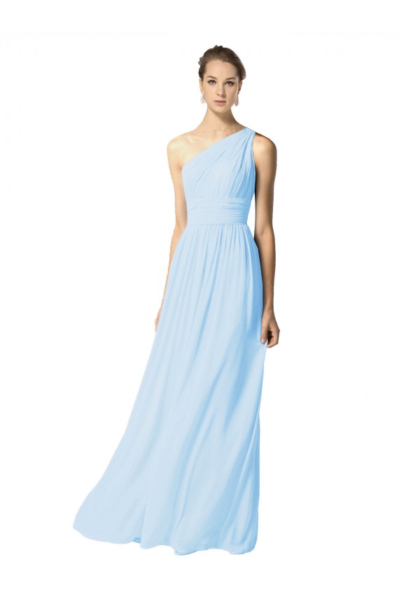 Affordable One Shoulder Long Chiffon Bridesmaid Dress with Shirred Bodice and Front Keyhole UK