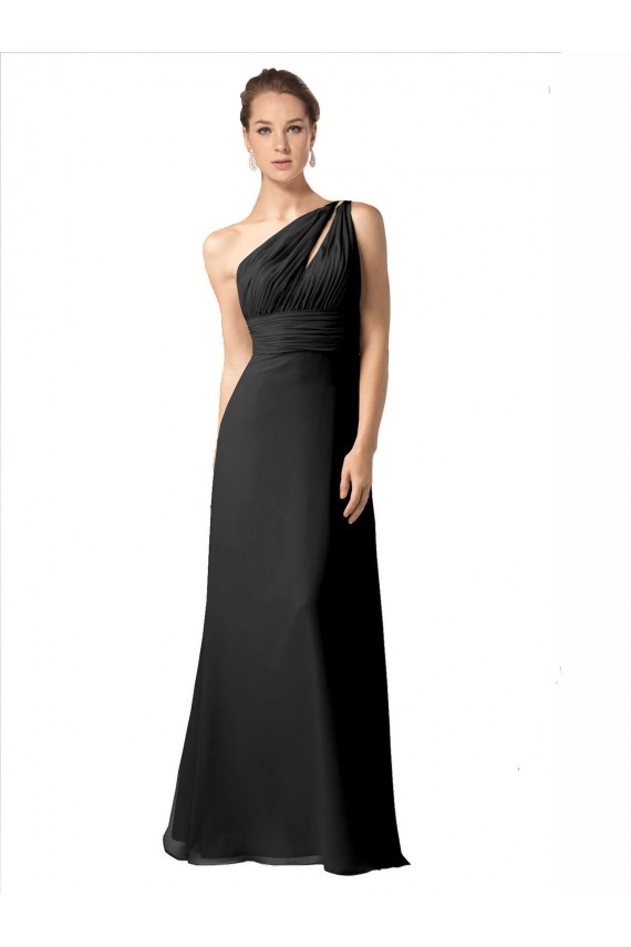 Affordable One Shoulder Full Length Chiffon Bridesmaid Dress with Shirred Bodice UK