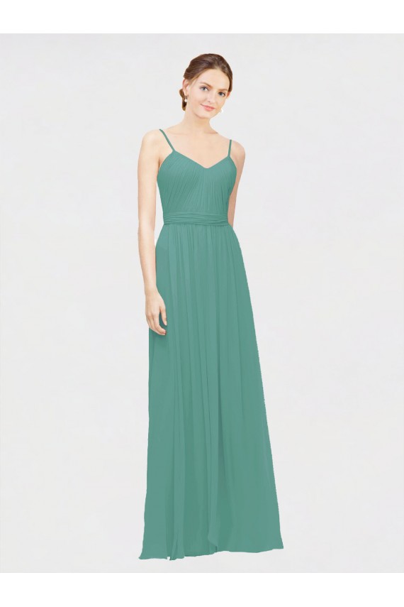 Affordable Rouched V-Neckline and Spaghetti Straps Long Chiffon Bridesmaid Dress UK