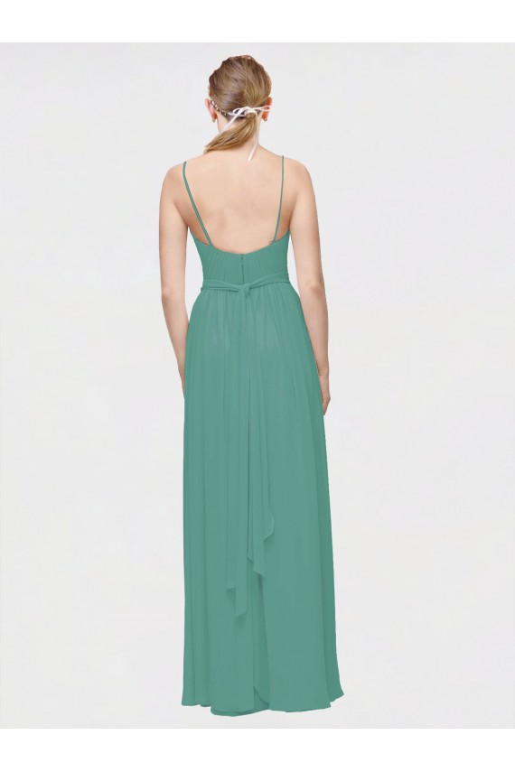 Affordable Rouched V-Neckline and Spaghetti Straps Long Chiffon Bridesmaid Dress UK