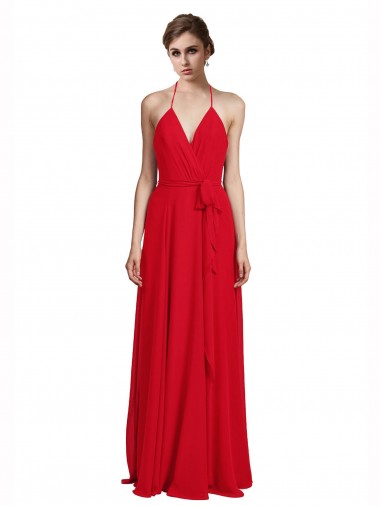 Affordable V-Neck Spaghetti Halter Strap Chiffon Bridesmaid Dress UK