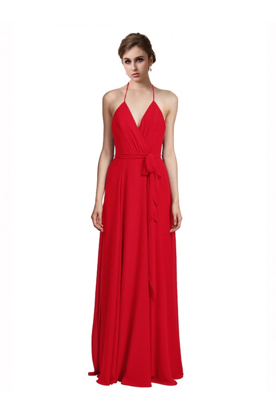Affordable V-Neck Spaghetti Halter Strap Chiffon Bridesmaid Dress UK