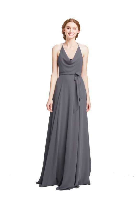 Affordable Spaghetti Strap Long Chiffon Bridesmaids Dress with Halter Cowl Neck UK