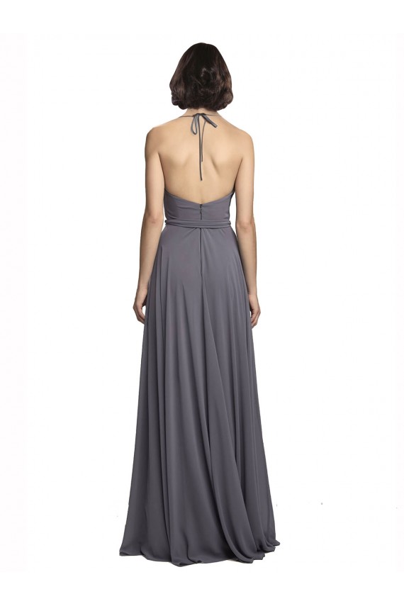 Affordable Spaghetti Strap Long Chiffon Bridesmaids Dress with Halter Cowl Neck UK