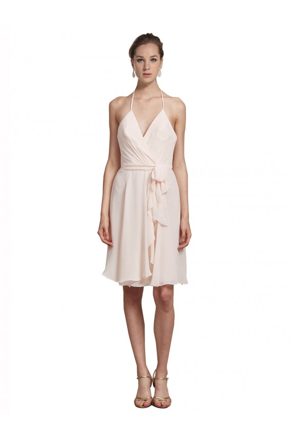 Affordable Short Knee Length Wrap Chiffon Halter Bridesmaids Dress UK