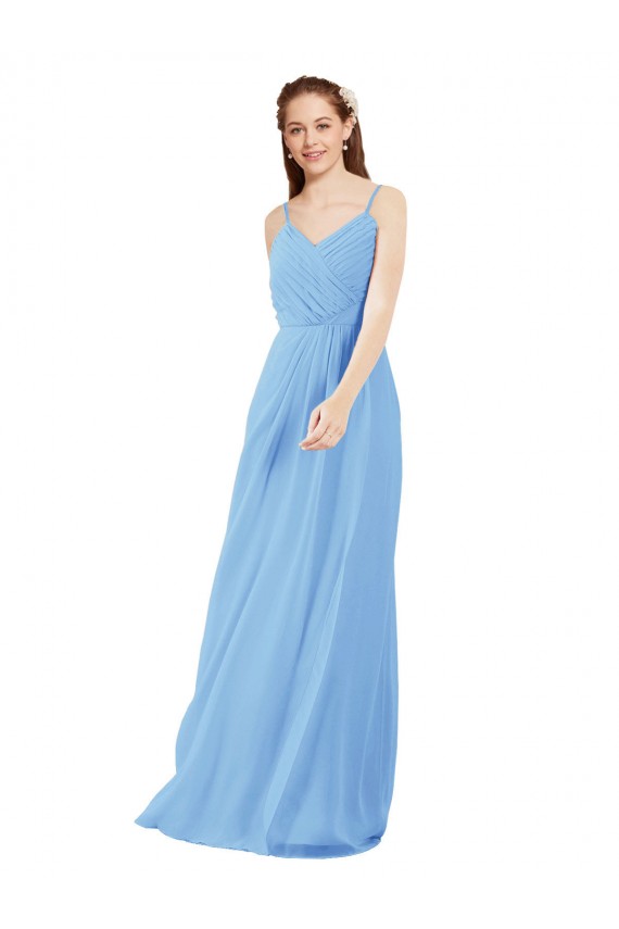 Affordable Pleated Low Back Long V-Neck Chiffon Bridesmaid Dress with Thin Straps UK