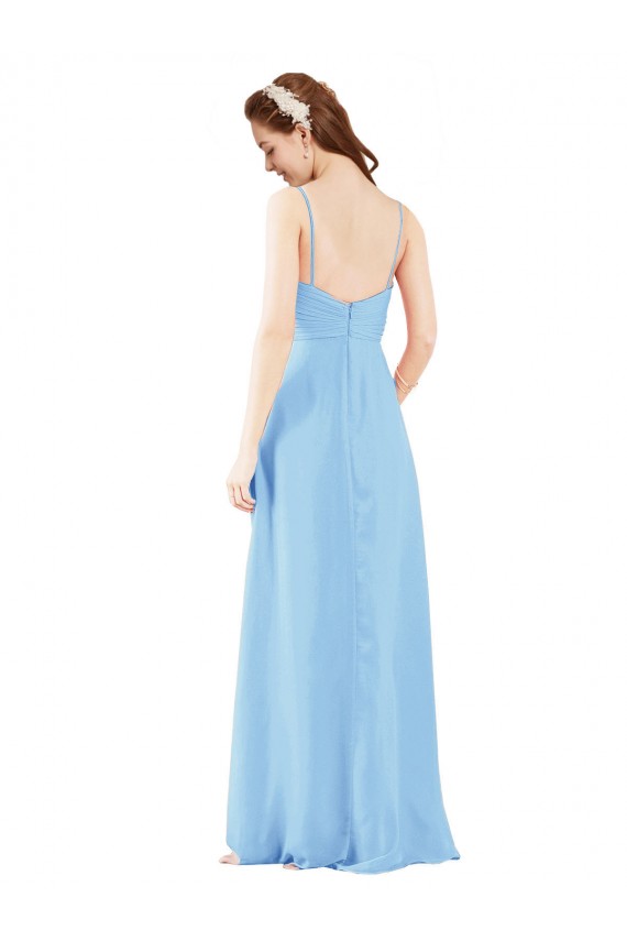 Affordable Pleated Low Back Long V-Neck Chiffon Bridesmaid Dress with Thin Straps UK
