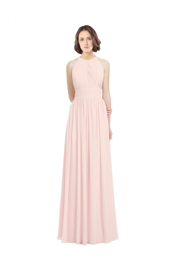 Affordable Sleeveless Chiffon High Neck Bridesmaid Dress with Diagonal Pleats UK