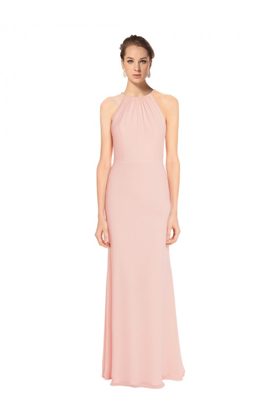 Affordable High Neck Long Chiffon Halter Bridesmaid Dress with Drape Chiffon Overlay UK