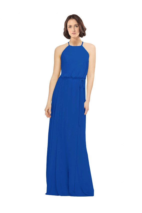 Affordable Long Jewel Neckline Chiffon Bridesmaids Dress wit Chiffon Tie Sash UK