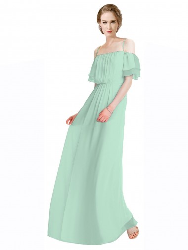 Affordable Spaghetti Straps Long Chiffon Off-The-Shoulder Bridesmaid Dress with Double Flounce Sleeves UK