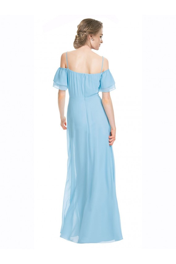 Affordable Spaghetti Straps Long Chiffon Off-The-Shoulder Bridesmaid Dress with Double Flounce Sleeves UK