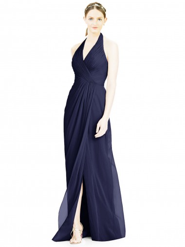 Affordable V-Neck Halter Chiffon Bridesmaid Dress with Side Front Slit UK