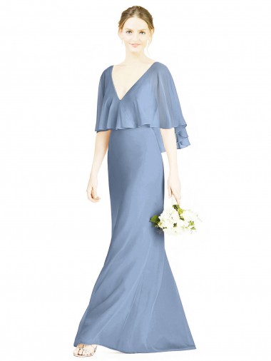 Affordable V-Back Trumpet Chiffon Bridesmaid Dress with Draped Cape Overlay UK