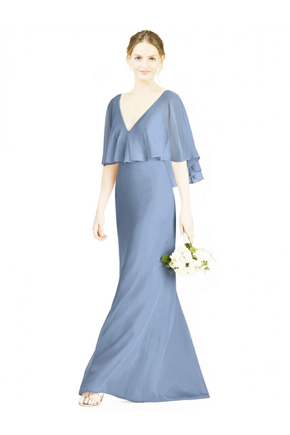 Affordable V-Back Trumpet Chiffon Bridesmaid Dress with Draped Cape Overlay UK