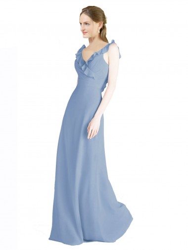 Affordable Fluted Chiffon Wrap Bridesmaid Dress with Ruffles V-Neck UK