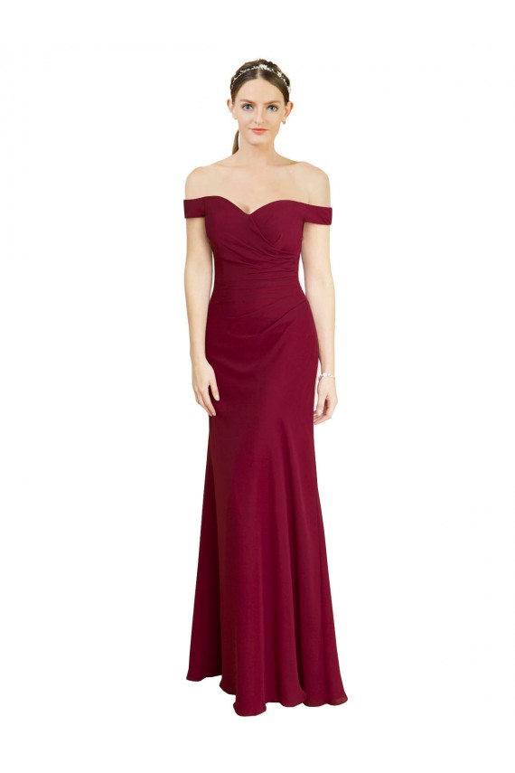 Affordable Off the Shoulder Long Chiffon Bridesmaid Dress with Pleats UK
