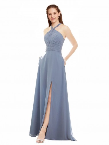 Affordable High Neck Chiffon Bridesmaid Dress with Draped Bodice UK