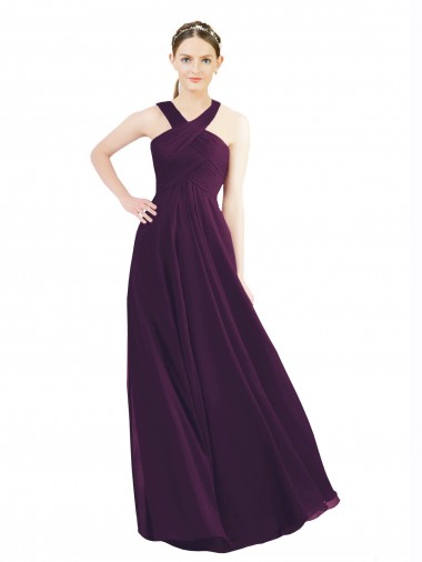Affordable Draped Long Chiffon Bridesmaid Dress with Unique Crossed Neckline UK