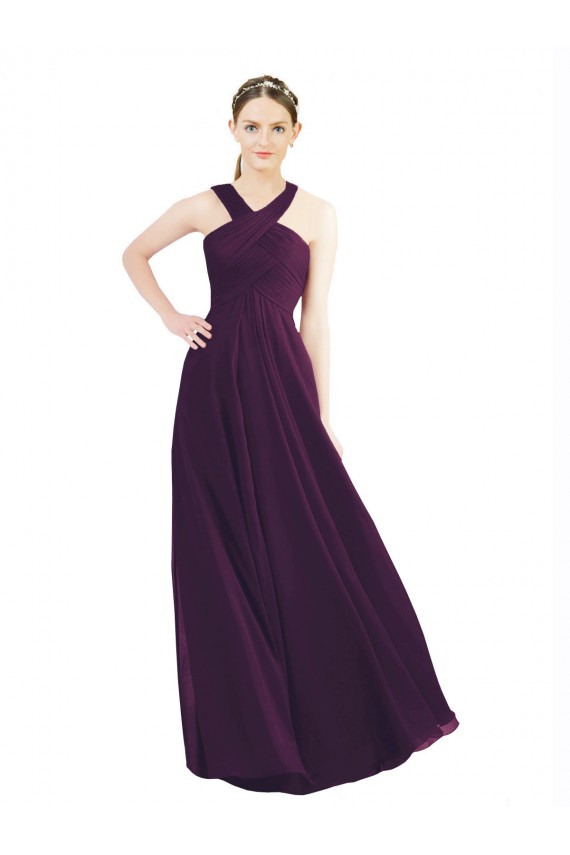 Affordable Draped Long Chiffon Bridesmaid Dress with Unique Crossed Neckline UK