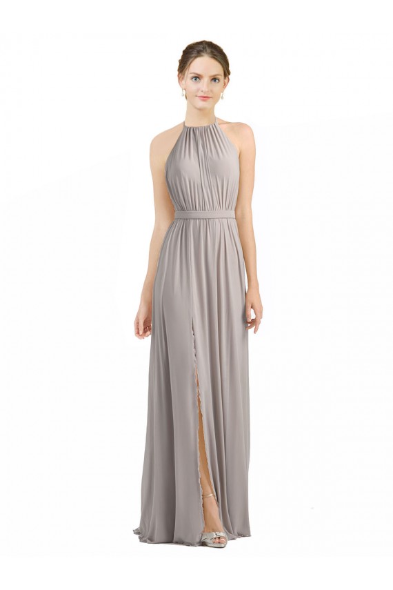 Affordable Backless Halter Chiffon Bridesmaid Dress with Front Slit and Tie Open Back UK