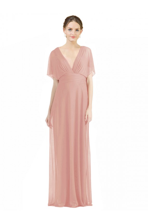 Affordable Draped Short Sleeves Long Chiffon A-Line Bridesmaid Dress UK
