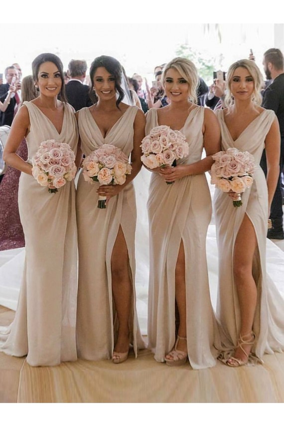 Affordable Chiffon Long Champagne Evening Dress with Sexy High Slit and Front Ruffles UK