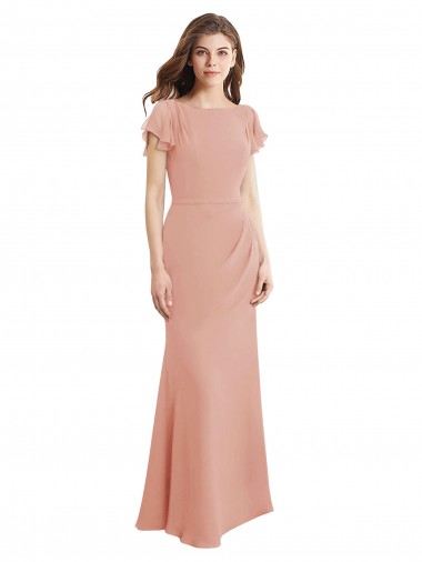 Affordable Cap Sleeves Long Chiffon Bridesmaid Dress with Low V-Back UK