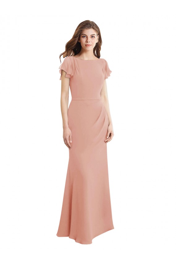Affordable Cap Sleeves Long Chiffon Bridesmaid Dress with Low V-Back UK