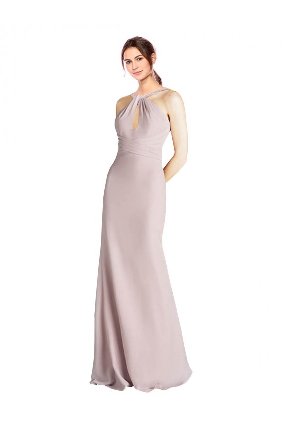 Affordable Long Slim Chiffon Bridesmaid Dress with Ruffled Waist and Keyhole UK