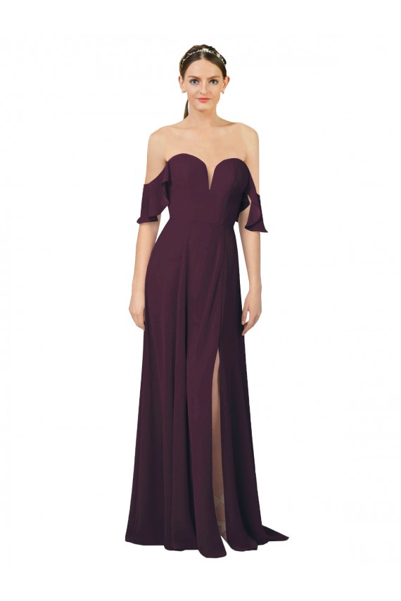 Affordable Romantic Off-Shoulder Chiffon Bridesmaid Dress with Plunging V-Neck UK