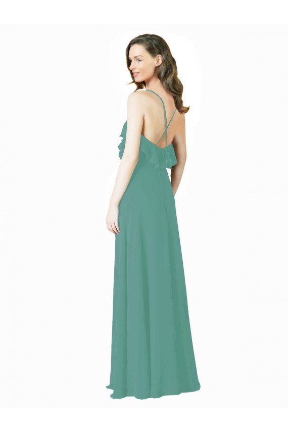 Affordable Full Length Chiffon Bridesmaid Dress with Ruffled V-Neckline UK