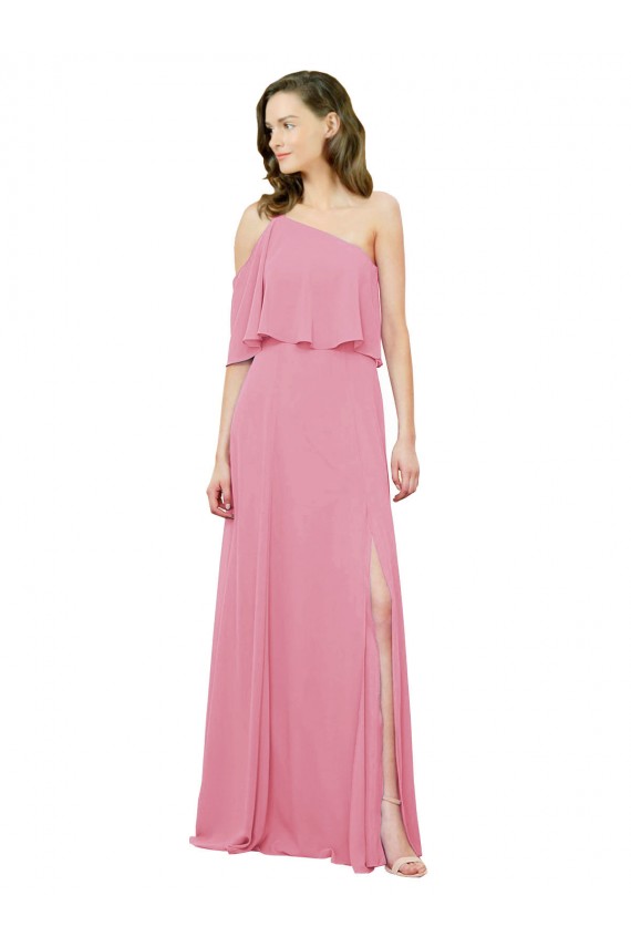 Affordable Sleeved One Shoulder Chiffon Bridesmaids Dress with Draped Ruffle Overlay UK