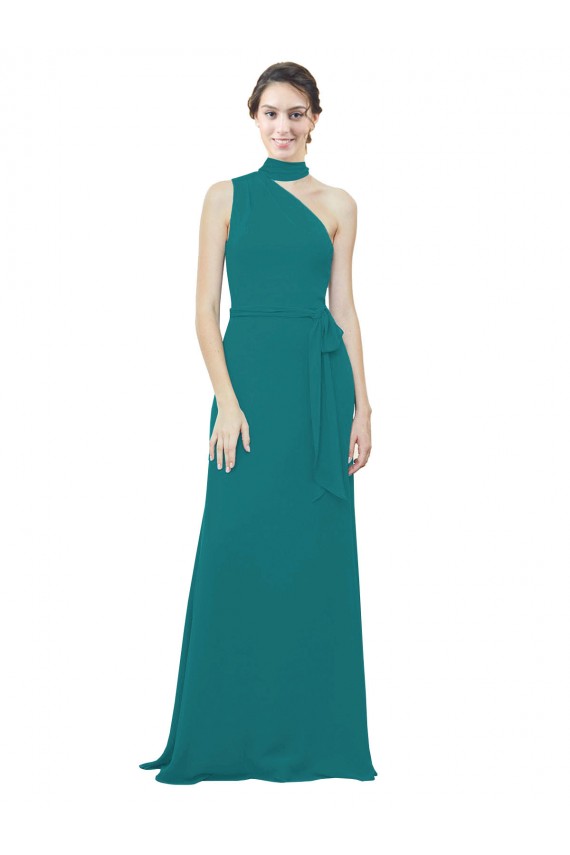 Affordable One Shoulder Chiffon Bridesmaids Dress with Scarf Tie Neckline UK