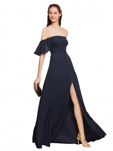 Affordable Off the Shoulder Floaty Sleeves Chiffon Bridesmaid Dress with High Slit UK