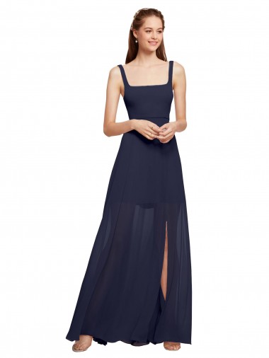 Affordable Squre Necked Long Chiffon Bridesmaid Dress with Front Slit UK