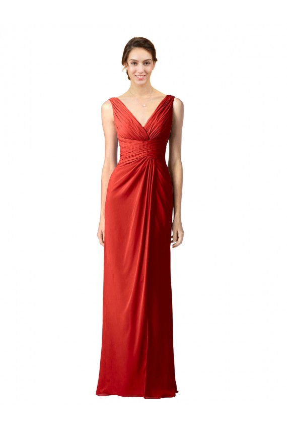 Affordable Shirred Long Floor Length Chiffon Bridesmaid Dress with V-Back UK