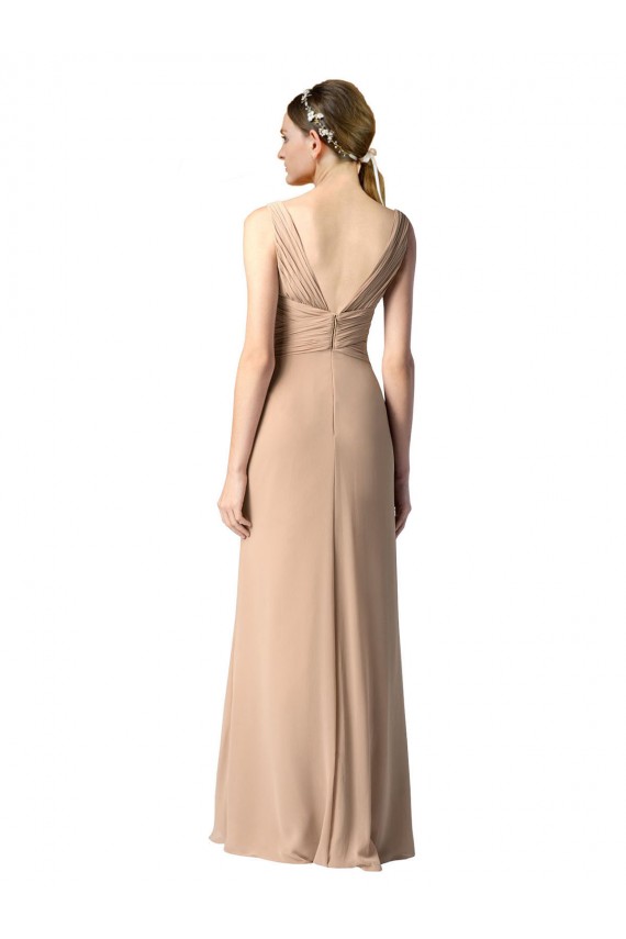 Affordable Shirred Long Floor Length Chiffon Bridesmaid Dress with V-Back UK