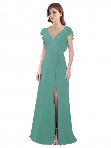 Affordable Full Length Chiffon Bridesmaid Dress with Ruffled Cap Sleeves and Side Slit UK