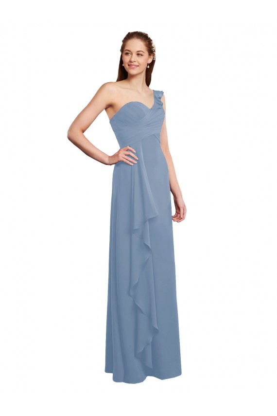 Affordable Single Shoulder Strap Long Chiffon Bridesmaid Dress with Cascading Ruffles UK