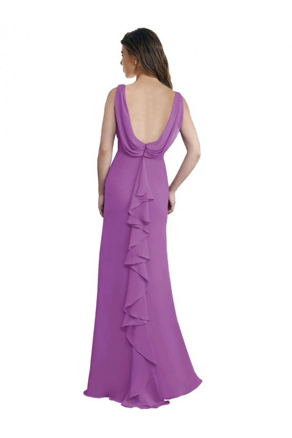 Affordable V-Shaped Neckline Long Chiffon Bridesmaid Dress with Cascading Ruffles Back UK