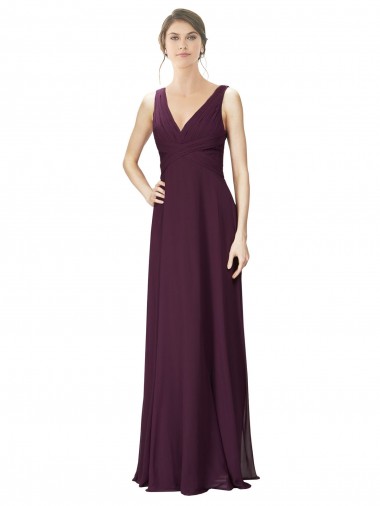 Affordable Long Chiffon Bridesmaid Dress with Ruched Criss Cross V-Neck Bodice UK
