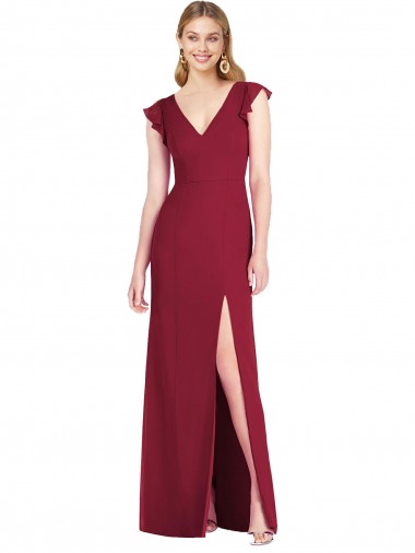 Affordable Ruffled Sleeves Mermaid Chiffon Bridesmaid Dress with Front Slit UK