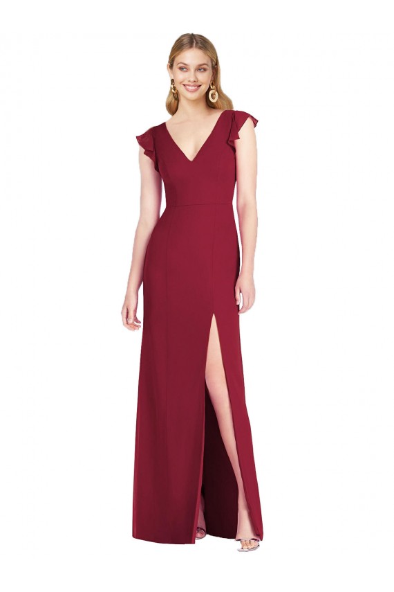 Affordable Ruffled Sleeves Mermaid Chiffon Bridesmaid Dress with Front Slit UK