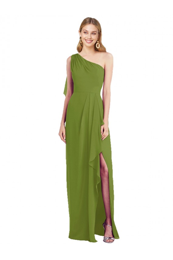 Affordable One Shoulder Chiffon Bridesmaid Dress with Draped Front Slit UK