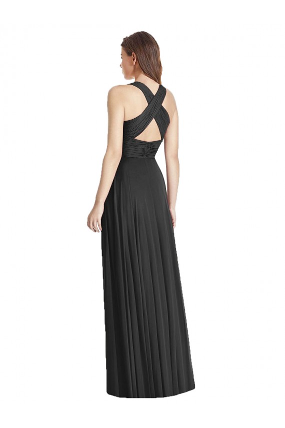 Affordable Full Length V-Neck Chiffon Bridesmaid Dress with Wide Criss Cross Straps UK