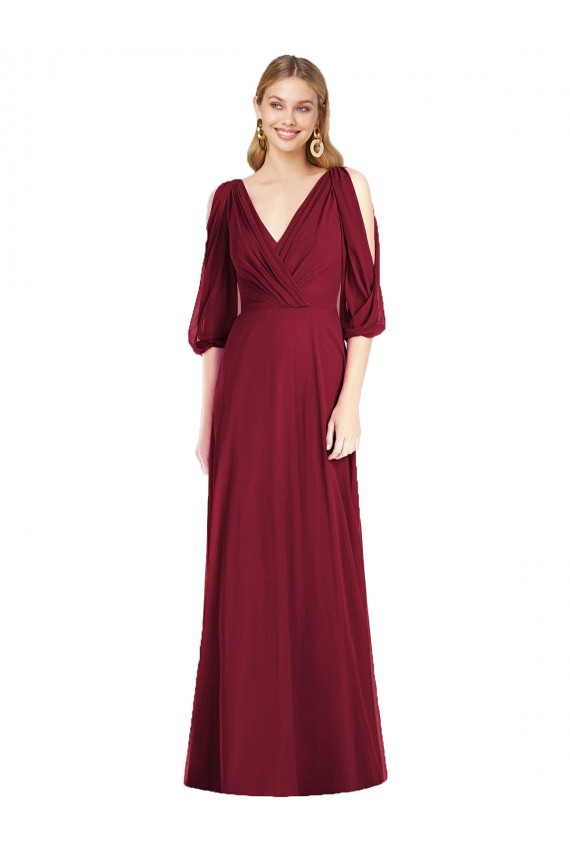 Affordable Draped V-Neck Bell Sleeves V-Back Chiffon Bridesmaid Dress UK